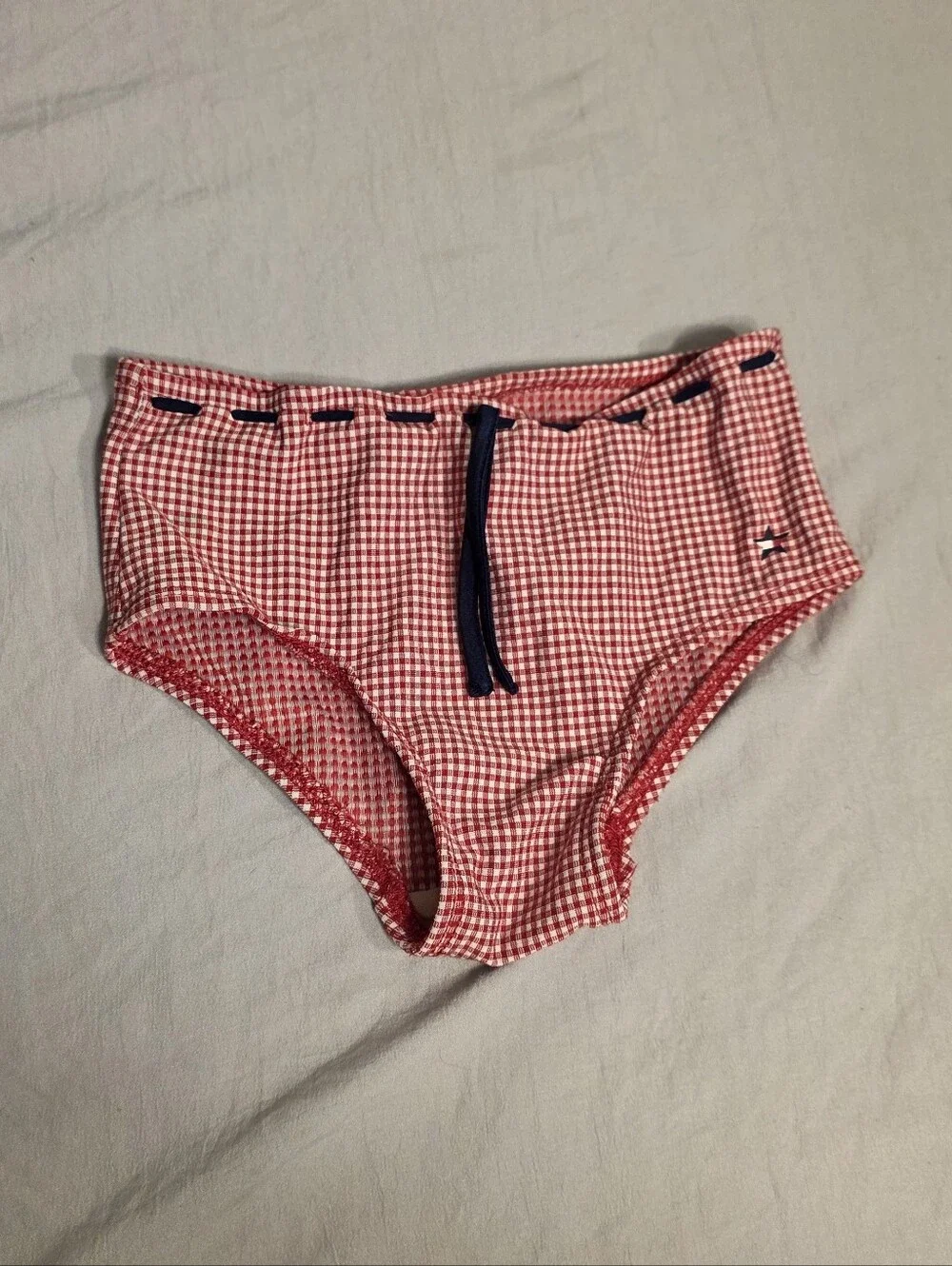 Tommy Hilfiger Red Gingham Kids Swim Bottoms with Navy Drawstring